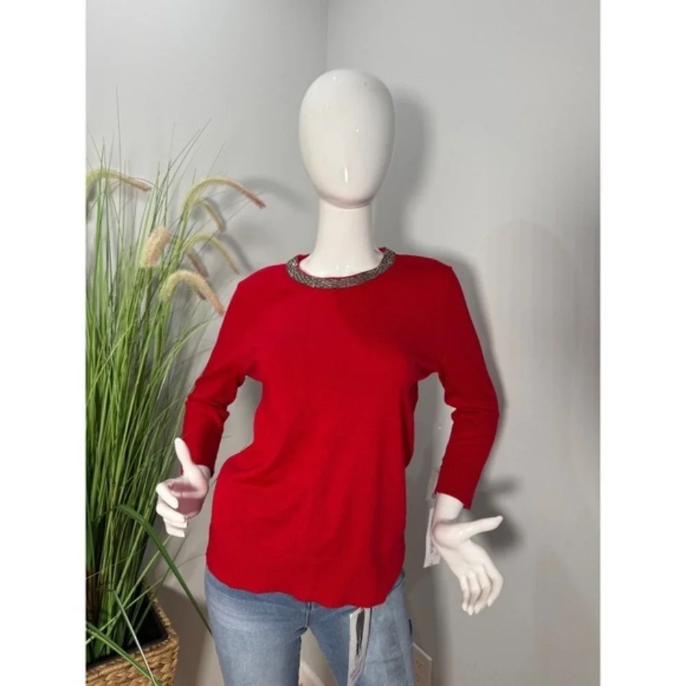 Liz Claiborne‎ Red Jeweled Neck 3/4 Sleeve Sweater Top Elegant Knit Size L NEW